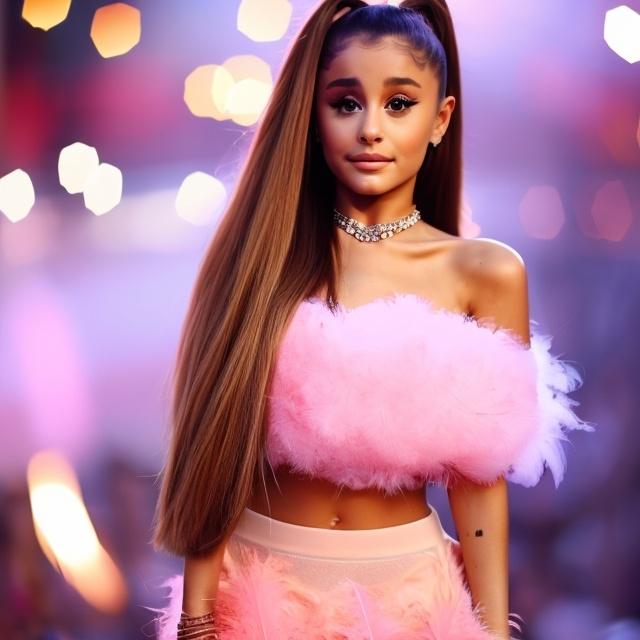 Prompt: Ariana grande in a mini skirt and a light pink feather bandeau top, bokeh, realistic