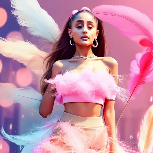 Prompt: Ariana Grande (wearing a mini skirt and a light pink feather bandeau top), playful pose, dreamy bokeh background, vibrant colors, soft pastels, whimsical atmosphere, high detail, photorealistic finish, glamorous lighting, vivid reflections, capturing youthful energy and elegance, seamlessly blending fashion and realism.