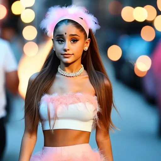 Prompt: Ariana grande in a mini skirt and a light pink feather bandeau top, bokeh