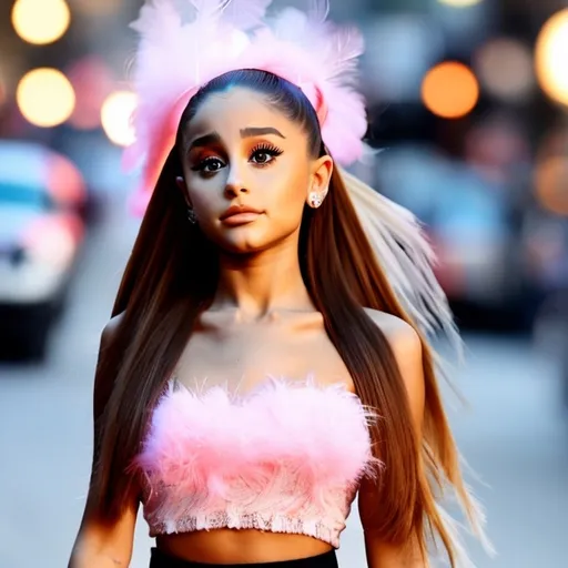 Prompt: Ariana grande in a mini skirt and a light pink feather bandeau top, bokeh