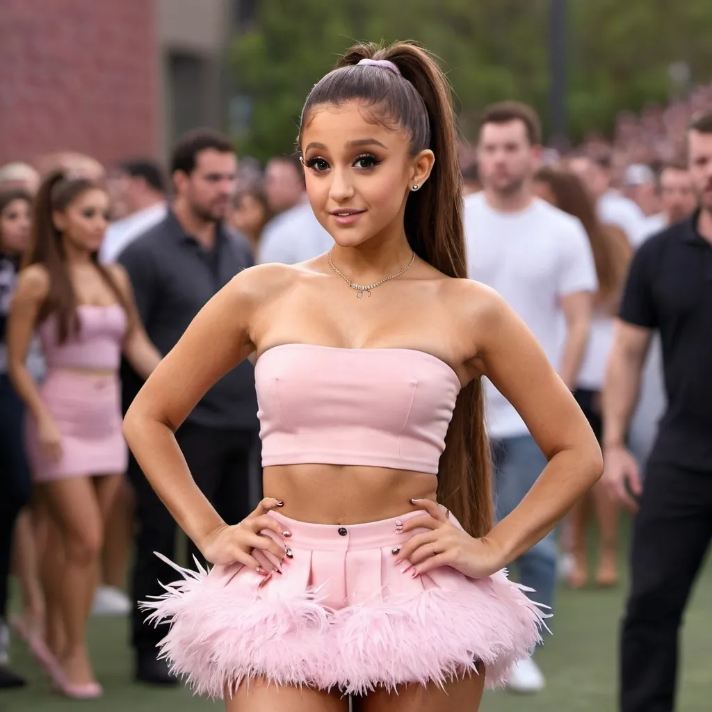 Prompt: Ariana grande in a mini skirt and a light pink feather bandeau top, bokeh