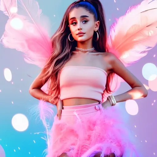 Prompt: Ariana Grande (wearing a mini skirt and a light pink feather bandeau top), playful pose, dreamy bokeh background, vibrant colors, soft pastels, whimsical atmosphere, high detail, photorealistic finish, glamorous lighting, vivid reflections, capturing youthful energy and elegance, seamlessly blending fashion and realism.