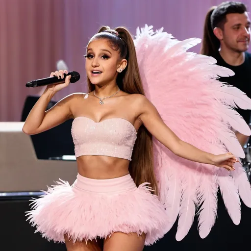 Prompt: Ariana grande in a mini skirt and a light pink feather bandeau top, bokeh