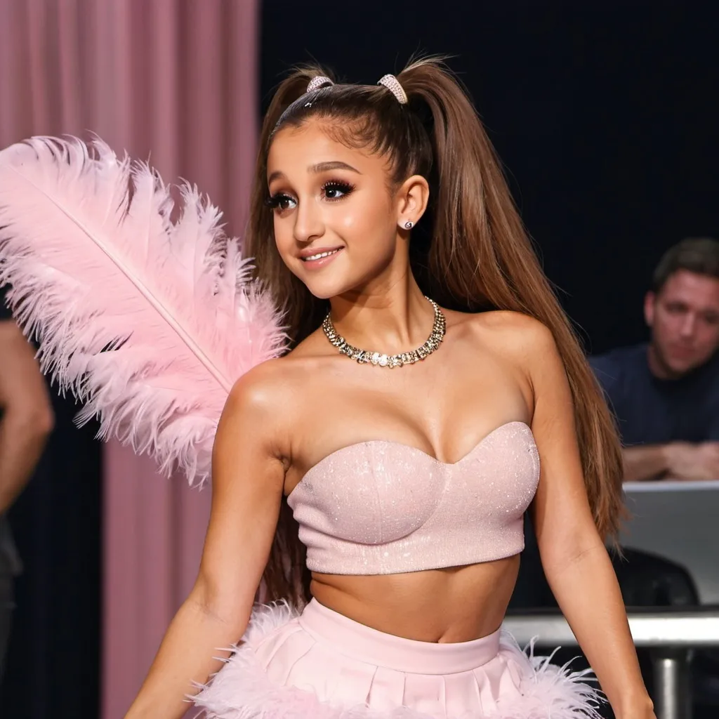 Prompt: Ariana grande in a mini skirt and a light pink feather bandeau top, bokeh