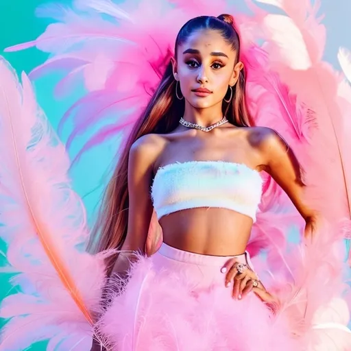 Prompt: Ariana Grande (wearing a mini skirt and a light pink feather bandeau top), playful pose, dreamy bokeh background, vibrant colors, soft pastels, whimsical atmosphere, high detail, photorealistic finish, glamorous lighting, vivid reflections, capturing youthful energy and elegance, seamlessly blending fashion and realism.