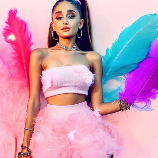 Prompt: Ariana Grande (wearing a mini skirt and a light pink feather bandeau top), playful pose, dreamy bokeh background, vibrant colors, soft pastels, whimsical atmosphere, high detail, photorealistic finish, glamorous lighting, vivid reflections, capturing youthful energy and elegance, seamlessly blending fashion and realism.