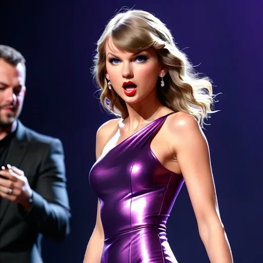 Prompt: Taylor Swift in a purple shiny body con dress