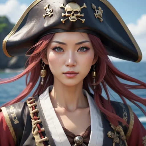 Prompt: beautiful japanese pirate woman, anime style, (hyperrealistic), high-resolution, 4K details.