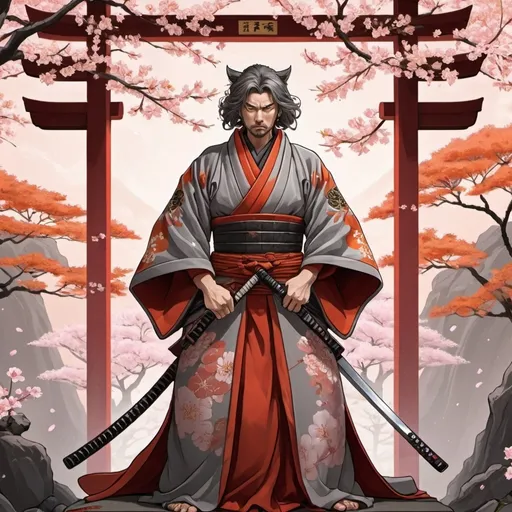 Prompt: (Anime illustration) tarot card design, a (samurai) in a detailed ornate cloth robe, dramatic lighting creates tension and depth, vibrantly displays a cherry blossom shrine in the background. Color palette of rich red, soft gray, and striking orange, embellishing the scene. Includes a katana with intricate tiger ornaments, emphasizing the fierce nature of the character. High-quality, engaging art style, captivating and dynamic composition.