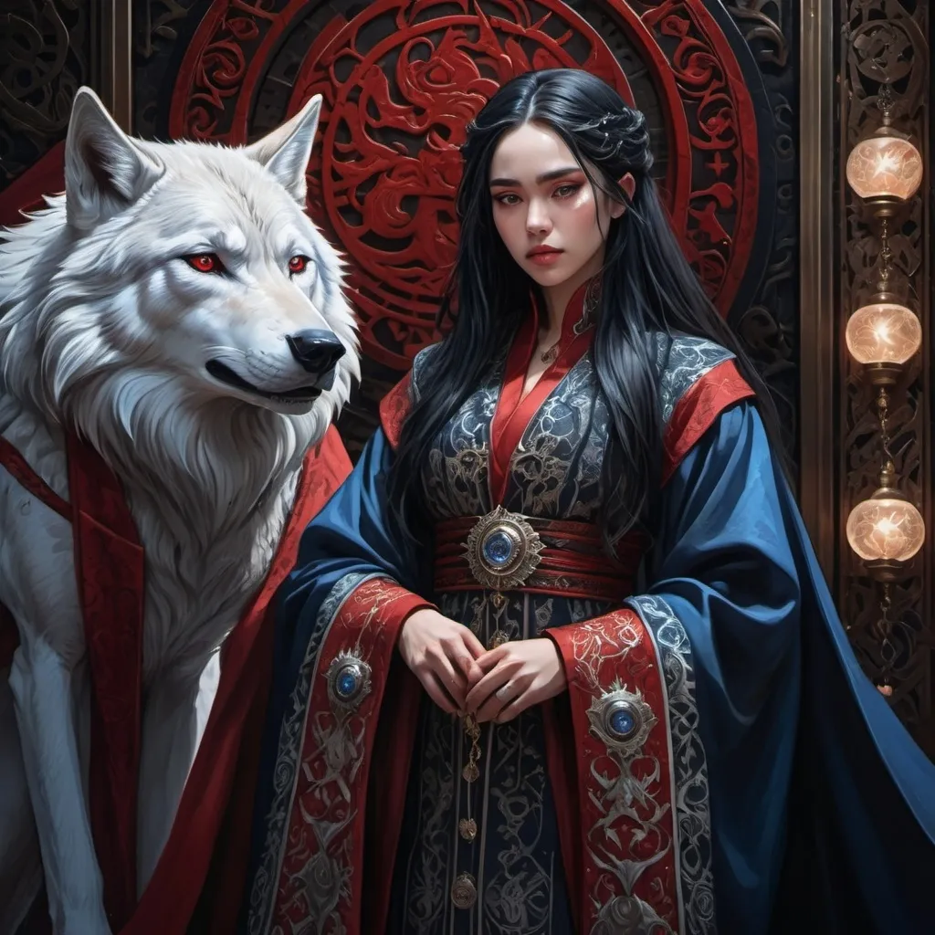 Prompt: (tarot card Anime illustration), (black-haired man in ornate robe), dramatic lighting, rich red and black colors, detailed wolf embroidery, (beautiful woman with big scar and one eye), fantasy theme, (inspired by Daenerys Targaryen), intricate white and blue medieval attire, Game of Thrones ambiance, ethereal atmosphere, contrasting shadows, 4K, ultra-detailed.