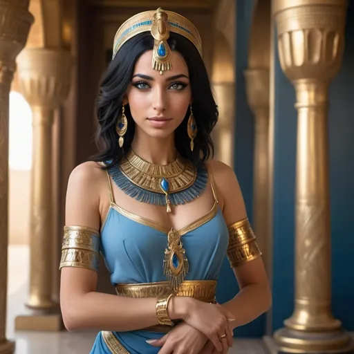 Prompt: Waitress Egyptian woman with shoulder length black hair, cold blue eyes, light bronze skin, elegant Egyptian dancer clothes and gold jewelry, palace scene