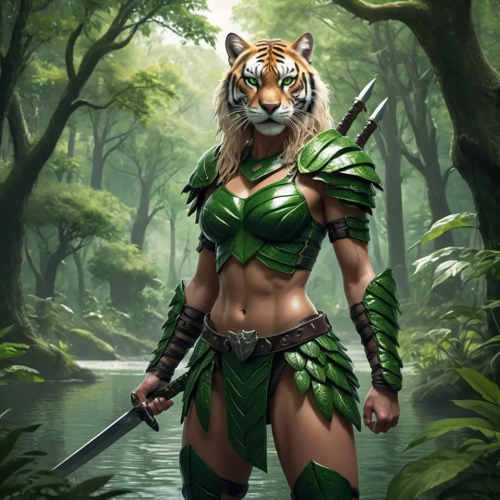 Prompt: Prompt
Image of a forest amazone wearing green leaves and holding double edged swords in each hand. The setting is a lakeside covered by a dense forest. There is a muscular sabretooth tiger by her side wearing body armour, hyperrealistic, official character art, 4k