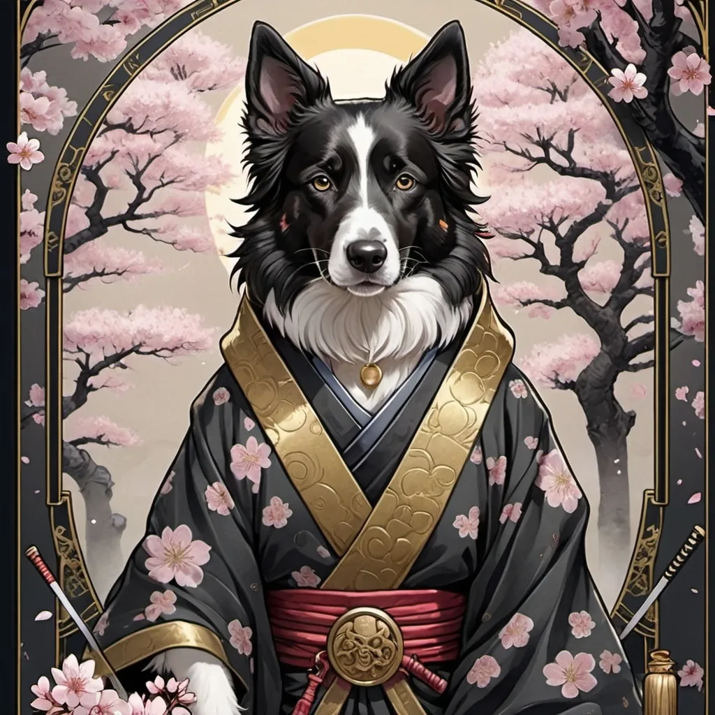 Prompt: tarot card Anime illustration, cherry blossom, shrine ,a border collie samurai, detailed ornate cloth robe, eye scar,dramatic lighting, black, gray, gold palette. Katana with dog ornaments, hand dog texture