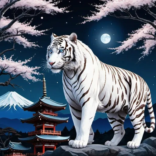 Prompt: A blue eye white tiger samouraï ,landscape Asakusa shrine, forest trees, landscape, mt fuji, cherry blossom trees, sky background, night time, moonlight, illustration, painting, intricate detail on a surreal planet, digital art