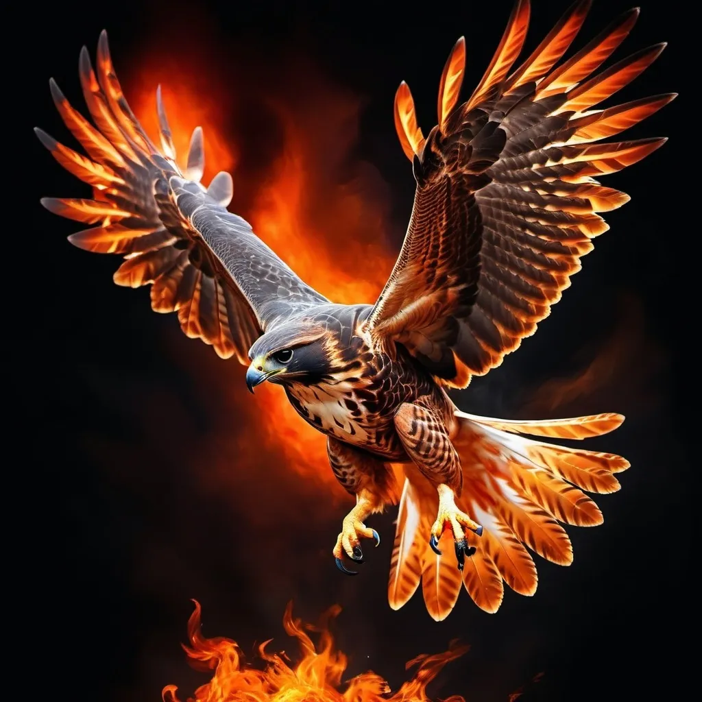 Prompt: (powerful falcon), emerging from vivid flames, soaring towards the heavens, bright orange and red fire contrasts against dark feathers, dramatic lighting illuminating details of wings and talons, intense atmosphere of strength and freedom, dynamic composition capturing movement, ultra-detailed, cinematic quality, inspiring sense of power and transcendence.