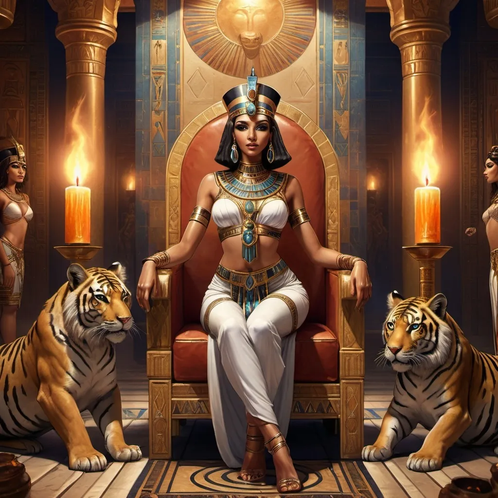 Prompt: Egyptian tarot card featuring a woman dressed in (elegant Egyptian dancer clothing), (waitress) pose, set in an opulent Egyptian palace, a (pharaoh) majestic on his throne, surrounded by flame candles, a (tiger) lounging beside him, illuminated by soft moonlight, rich Egyptian motifs in the backdrop, (hyperrealistic) D&D fantasy art, illustrating necromunda, (official character art), vivid colors, high-resolution, 4K details.