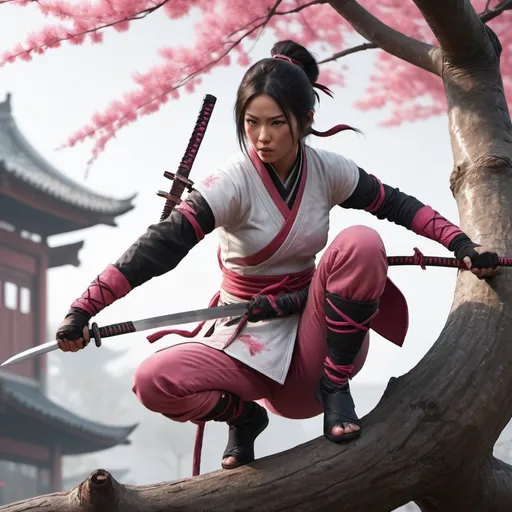 Prompt: An gorgeous Asian kunoichi holding kunai in her hand, wearing elegant ninja clothes, white pink and light red palette, crouching on a tree branch, before jumping on a rich passerby speaking with two others people. chinese scene, full scene, hyperrealist,4k, assassin's creed