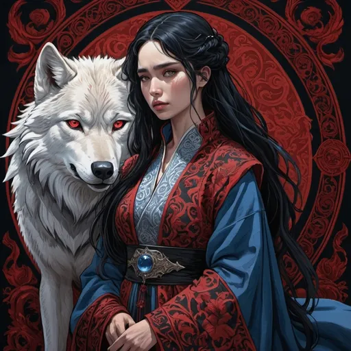 Prompt: tarot card Anime illustration, a black-haired man, detailed ornate cloth robe red and black, dramatic lighting, wolf embrodery, with an beautiful looking woman, BIG SCAR, ONE EYE, Daenerys Targaryen, white and blue medieval clothing, Game of Thrones theme