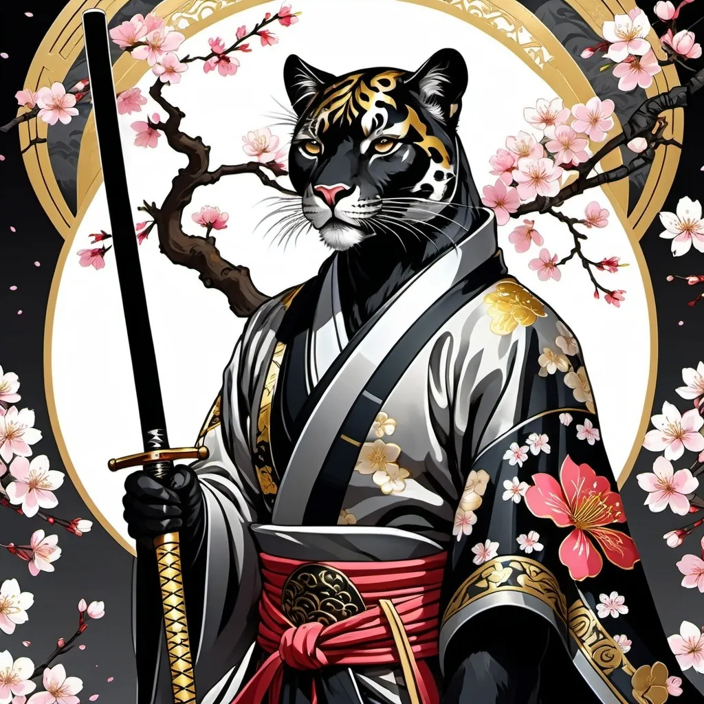 Prompt: tarot card Anime illustration, cherry blossom, shrine ,a panther samurai, detailed ornate cloth robe, white eyes, dramatic lighting, black, gray, golden palette. Katana with panther ornaments, hand panther texture