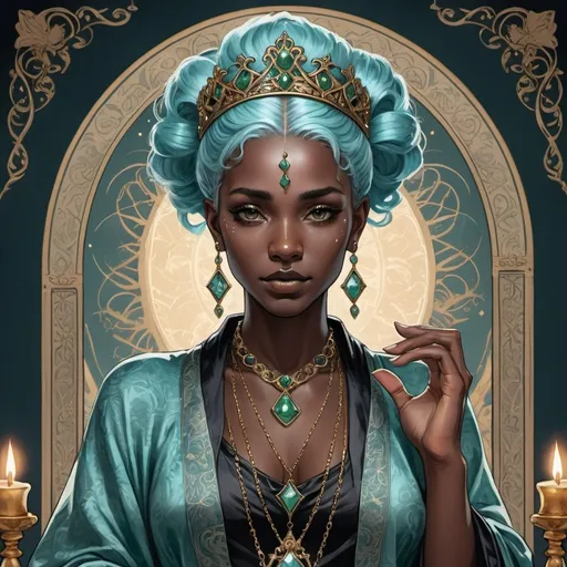 Prompt: tarot card illustration, Light-blue haired woman (Black skin) , with a tiara emeralded, detailed ornate cloth robe, dramatic lighting