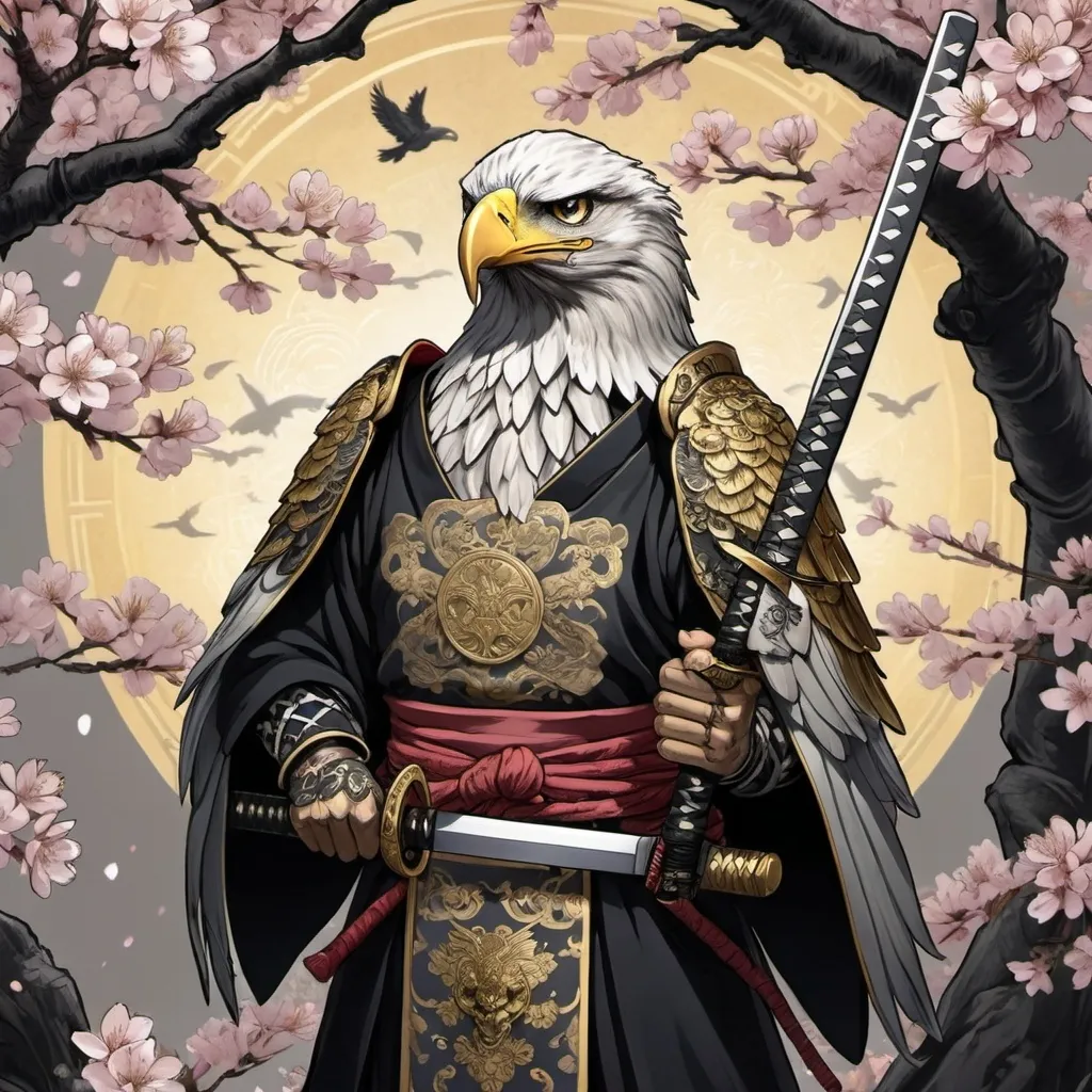 Prompt: tarot card Anime illustration, cherry blossom, shrine ,a eagle samurai, detailed ornate cloth robe, dramatic lighting, black, gray, gold palette. Katana with eagle ornaments, hand eagle texture