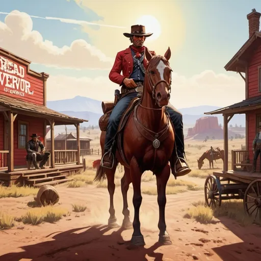 Prompt: Red Dead Revolver, cartoony, sunny atmosphere, extremely detailed painting by Greg Rutkowski and by Henry Justice Ford and by Steve Henderson, contrasting shadows, 4K, ultra-detailed.