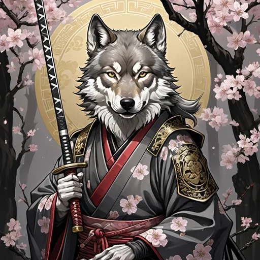 Prompt: tarot card Anime illustration, cherry blossom, shrine ,a wolf samurai, detailed ornate cloth robe, dramatic lighting, black, gray, gold palette. Katana with wolf ornaments