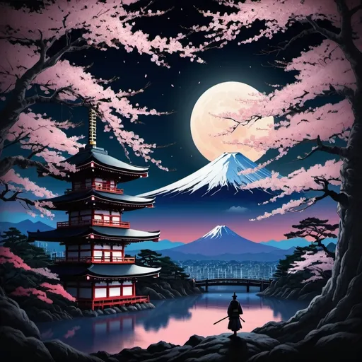 Prompt: landscape Asakusa shrine, forest trees, landscape, mt fuji, cherry blossom trees, sky background, night time, moonlight, illustration, painting, intricate detail on a surreal planet, digital art, silhouette of a samurai