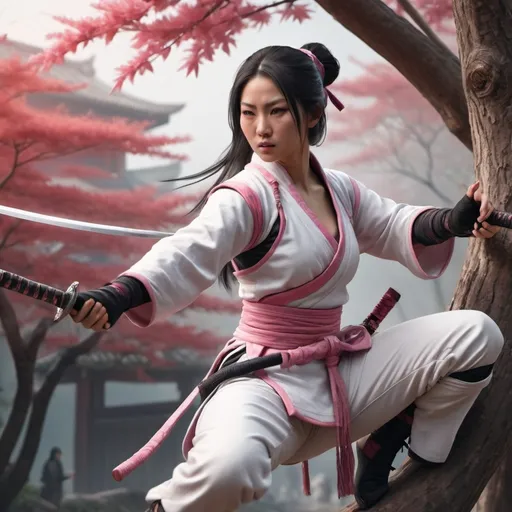 Prompt: An gorgeous Asian kunoichi holding ninja weapon star in her hand, wearing elegant ninja clothes, white pink and light red palette, crouching on a tree branch, before jumping on a rich passerby speaking with two others people. chinese scene, full scene, hyperrealist,4k, assassin's creed