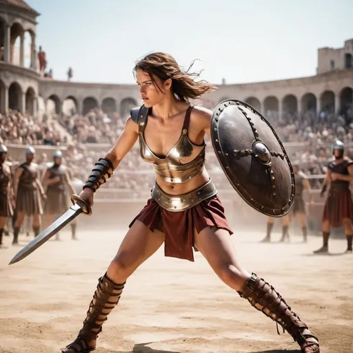 Prompt: A gorgeous female gladiator fighting in the arena in front of the city crowd 