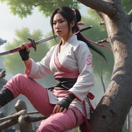 Prompt: An gorgeous Asian kunoichi holding kunai in her hand, wearing ninja clothes, white pink and light red palette, sitting on a tree branch, before jumping on a rich passerby speaking with two others people. chinese scene, full scene, hyperrealist,4k, assassin's creed