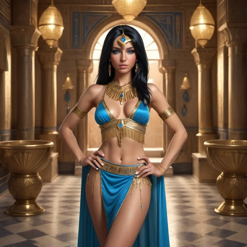 Prompt: Waitress Egyptian woman with shoulder length black hair, cold blue eyes, light bronze skin, elegant exotic dancer clothes and gold jewelry, full body, palace scene