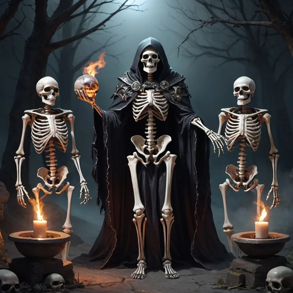 Prompt: A human necromancer summoning two skeletons (one mage and one warrior)