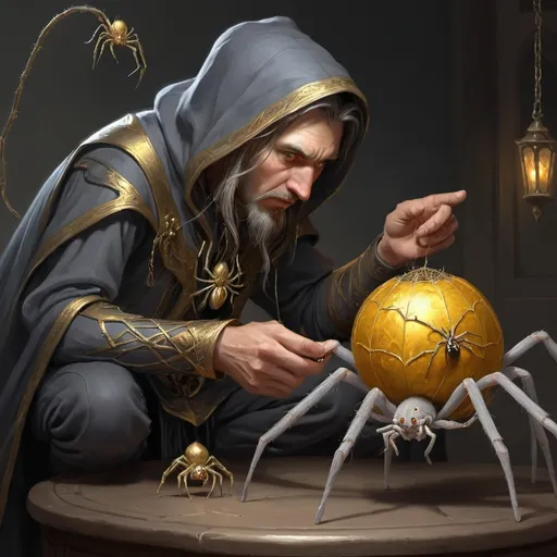Prompt: A sorcerer taming his new pet a (gray and golden spider)