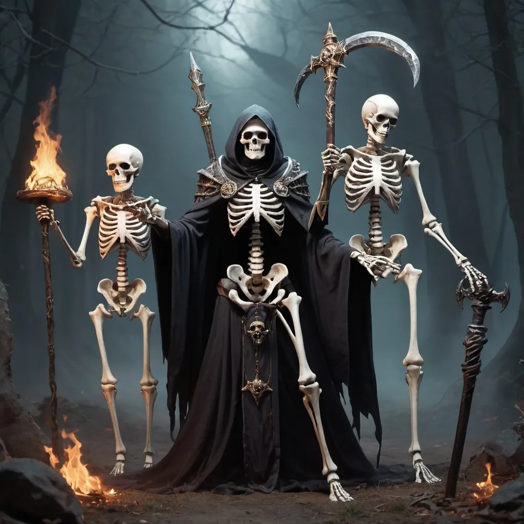 Prompt: A human necromancer summoning two skeletons (one holding wizard staff and one holding sword and shield)