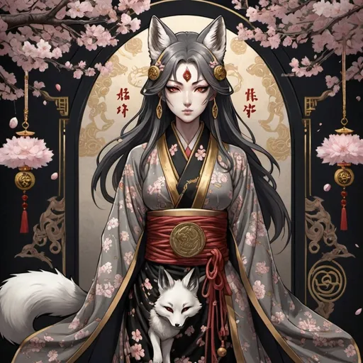 Prompt: tarot card Anime illustration, cherry blossom, shrine ,a half blood human and half blood three tailed fox woman, detailed ornate cloth robe, eye scar,dramatic lighting, black, gray, gold palette. Khakkhara with Japan fox ornaments