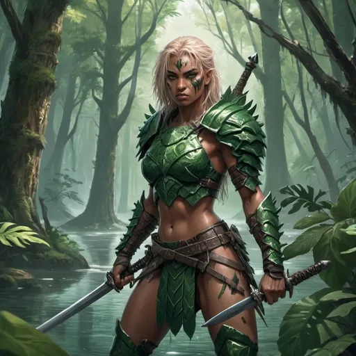 Prompt: Prompt
Image of a forest amazone wearing green leaves and holding double edged swords in each hand. The setting is a lakeside covered by a dense forest. There is a muscular sabretooth tiger by her side wearing body armour, hyperrealistic d&d fantasy art, necromunda, official character art, 4k