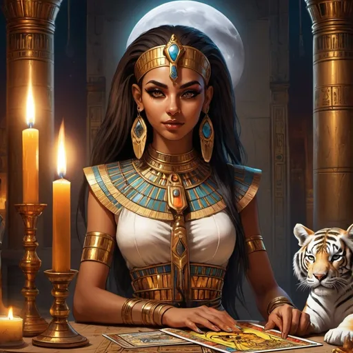 Prompt: a woman in Egyptian dancer clothe, (waitress) girl, as a tarot card, Egyptian palace, flame candle, tiger next to pharaoh, moon light, Egyptian themed, hyperrealistic d&d fantasy art, necromunda, official character art