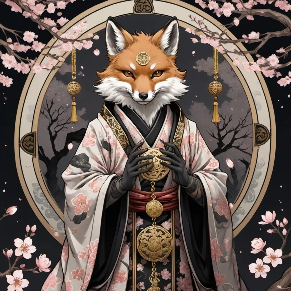 Prompt: tarot card Anime illustration, cherry blossom, shrine ,a half blood human and half blood three tailed fox person, detailed ornate cloth robe, eye scar,dramatic lighting, black, gray, gold palette. Khakkhara with Japan fox ornaments