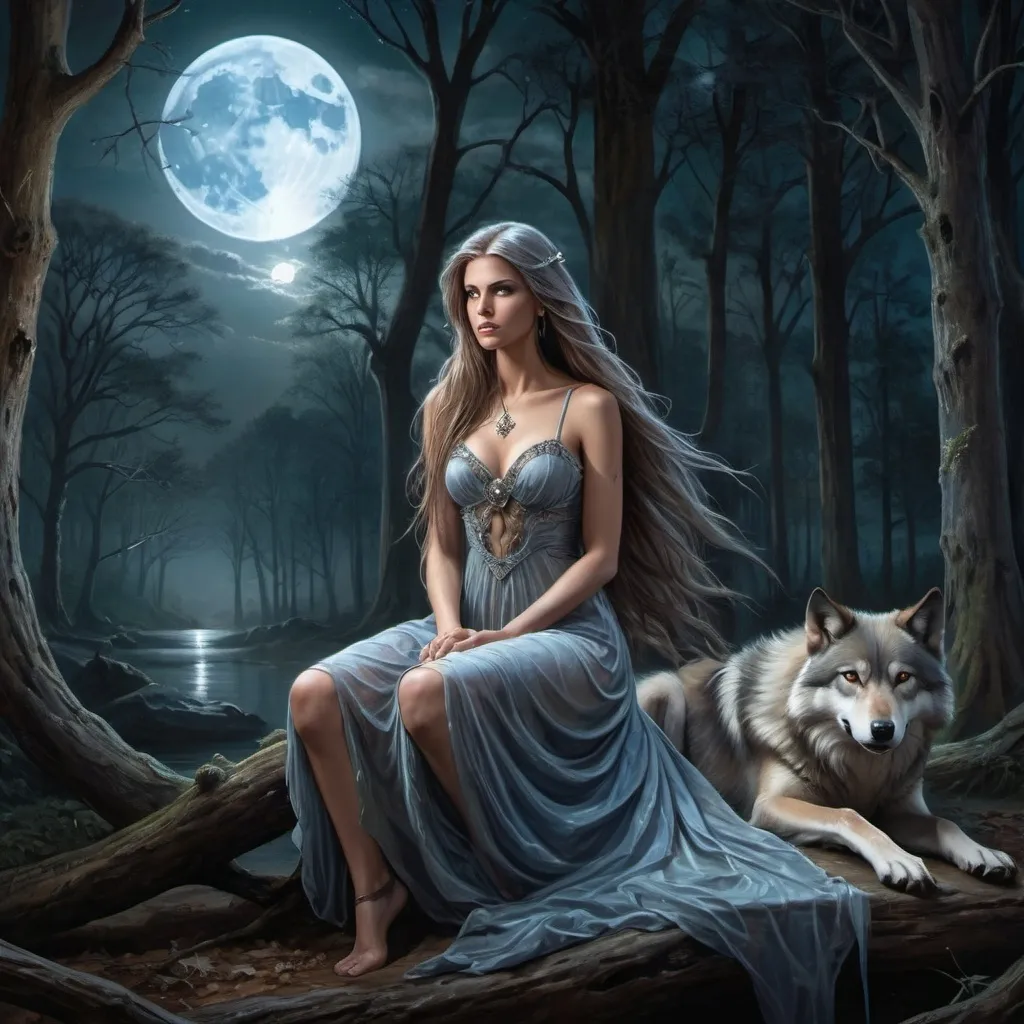 Prompt: a woman in an ethereal gown sitting in the woods with a full moon behind her and a wolf in the background, Anne Stokes, fantasy art, professional digital painting, an oil painting ethereal Goddess Bathing in moonlight, intriguing luminous night sky, very long hair drenched with moisture, intricate, detailed, intricately detailed, luminous, (hyperrealistic) D&D fantasy art, illustrating necromunda, (official character art), vivid colors, high-resolution, 4K details.