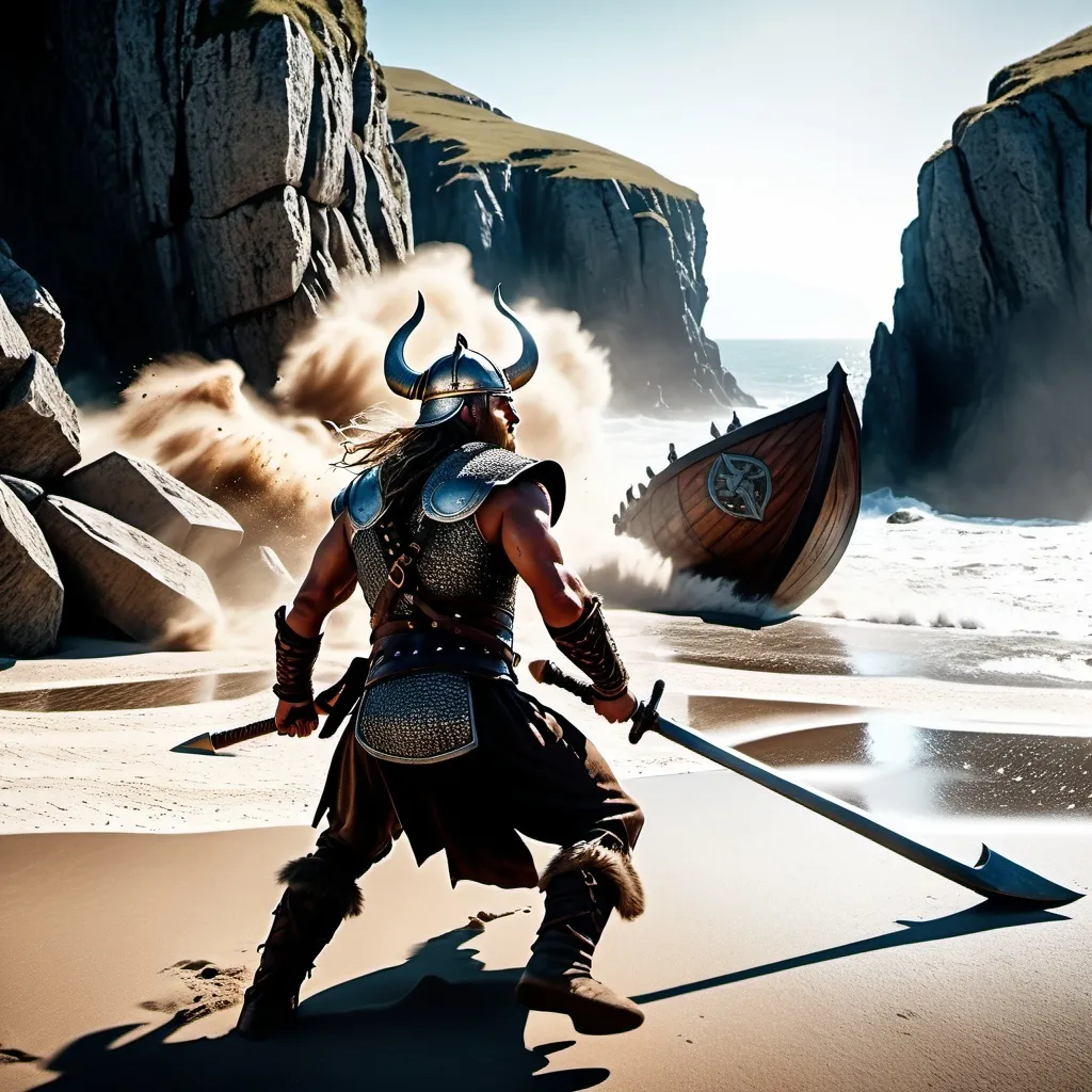 Prompt: (viking battle), intense battle scene, fighting with determination, beach, sand, viking boat, cliff monastery ,fierce expressions on faces, armor glinting, concrete floor strewn with broken weapons, powerful perspective, focusing on the dynamic action, ultra-detailed, cinematic atmosphere, 4K quality.