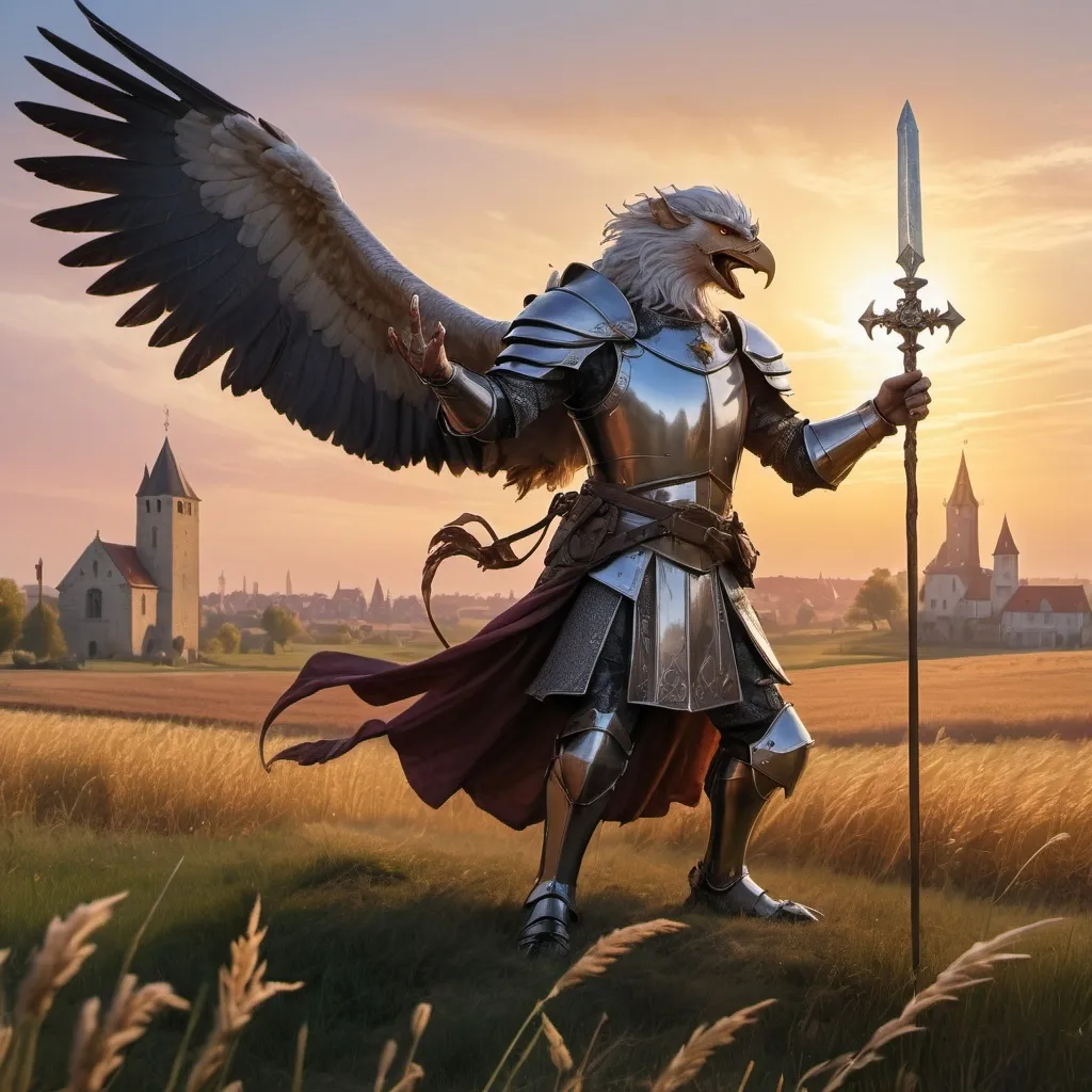 Prompt: Gerald de rive tarot card featuring a sorcerer dressed in (elegant light armor), (fighting) pose, set in a field next to an old town with windwill, a (griffin majestic on the sky, surrounded by beautiful sunset, illuminated by soft sunlight, (hyperrealistic) D&D fantasy art, illustrating necromunda, (official character art), vivid colors, high-resolution, 4K details.