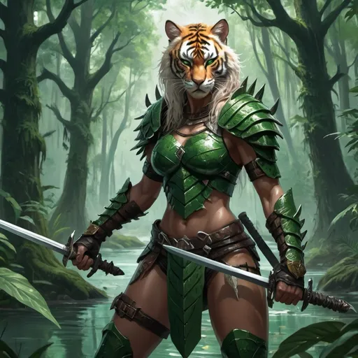 Prompt: Prompt
Image of a forest amazone wearing green leaves and holding double edged swords in each hand. The setting is a lakeside covered by a dense forest. There is a muscular sabretooth tiger by her side wearing body armour, hyperrealistic d&d fantasy art, necromunda, official character art, 4k