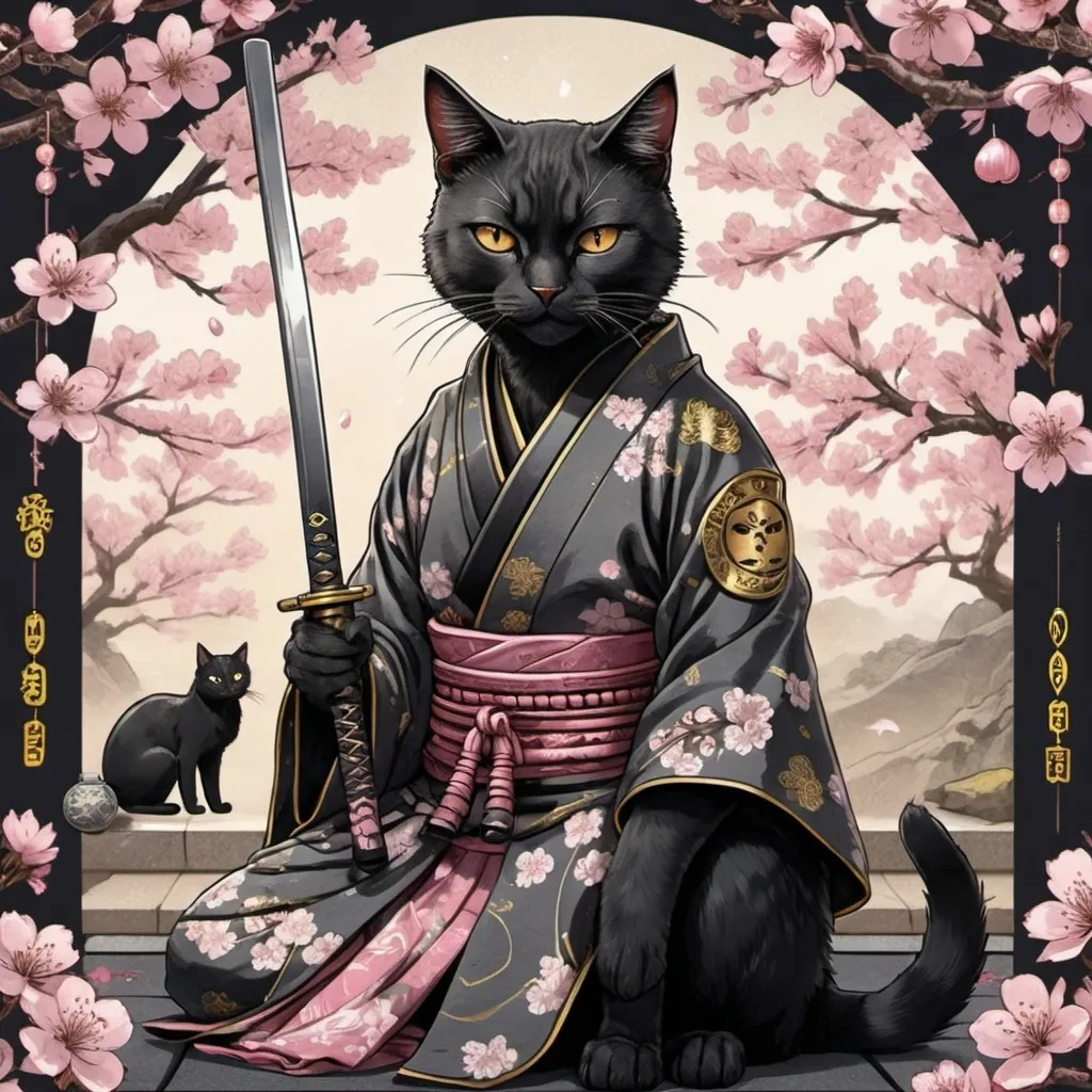 Prompt: tarot card Anime illustration, cherry blossom, shrine ,a black cat samurai, detailed ornate cloth robe, eye scar,dramatic lighting, black, gray, gold palette. Katana with cat ornaments, hand cat texture