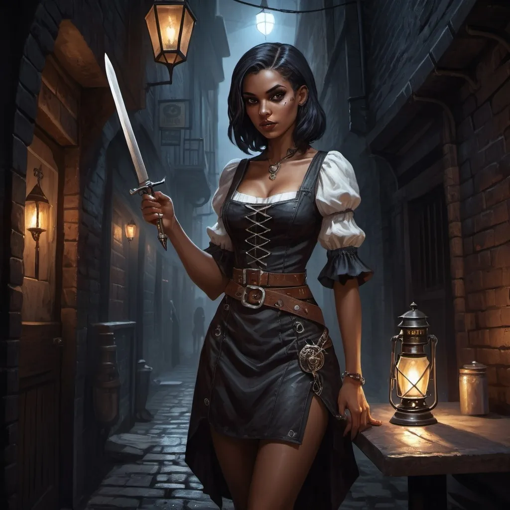 Prompt: a woman in a short dress holding dagger, (waitress) girl, as a tarot card, dark alleyway, shadowy informant, alchemy tavern, lantern, nightlife, mystery and detective themed, hyperrealistic d&d fantasy art, necromunda, official character art