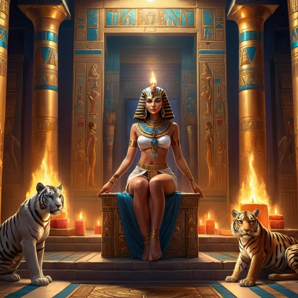 Prompt: Egyptian dancer (waitress) girl, tarot card composition, (hyperrealistic) Egyptian palace backdrop, pharaoh on throne, a flaming candle illuminating scene, majestic tiger beside pharaoh, moonlight casting enchanting shadows, mystical (Egyptian themes), intricate details, vivid colors, stunning atmosphere, immersive ambiance, (D&D fantasy art), highly detailed, 4K quality, captivating character design.
