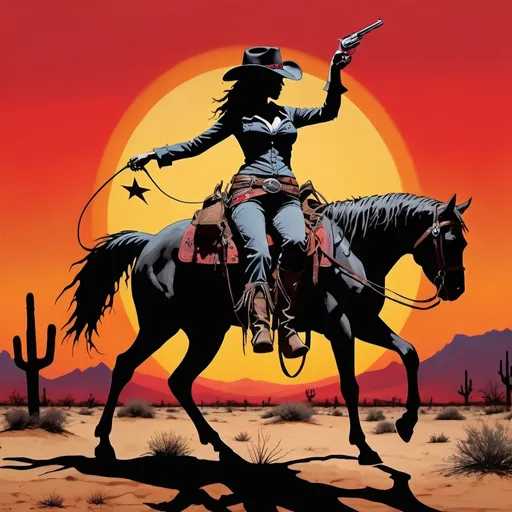 Prompt: (Banksy style street art), (full-body silhouette), Gothic cowgirl, lasso in hand, glowing red pentagram on forehead, two revolvers on belt, horse skulls scattered on desert ground, vibrant (sundown colors), intricate (ink style), satirical elements, high-detailed, (stencil art), dramatic atmosphere, contrasting shadows, unique visual narrative, evoking curiosity and humor.