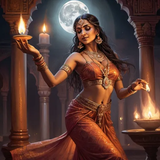 Prompt: a woman in India dancer dress, dancing, as a tarot card, Indian palace, flame candle, moon light, Indian themed, hyperrealistic d&d fantasy art, necromunda, official character art