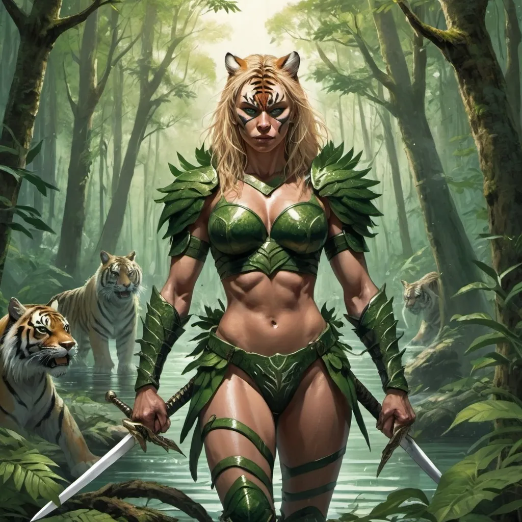 Prompt: Image of a forest amazone wearing green leaves and holding double edged swords in each hand. The setting is a lakeside covered by a dense forest. There is a muscular sabretooth tiger by her side wearing body armour.