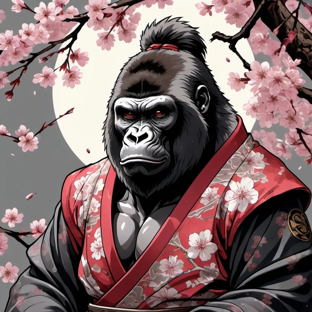 Prompt: tarot card Anime illustration, cherry blossom, shrine ,a gorilla samurai, detailed ornate cloth robe, eye scar ,bad face expression,dramatic lighting, black, gray, red palette. Katana with eagle ornaments, hand gorilla texture